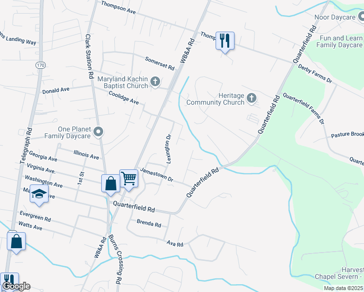 map of restaurants, bars, coffee shops, grocery stores, and more near 1305 Teacher Lane in Severn