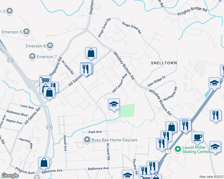 map of restaurants, bars, coffee shops, grocery stores, and more near 9220 Old Lantern Way in Laurel