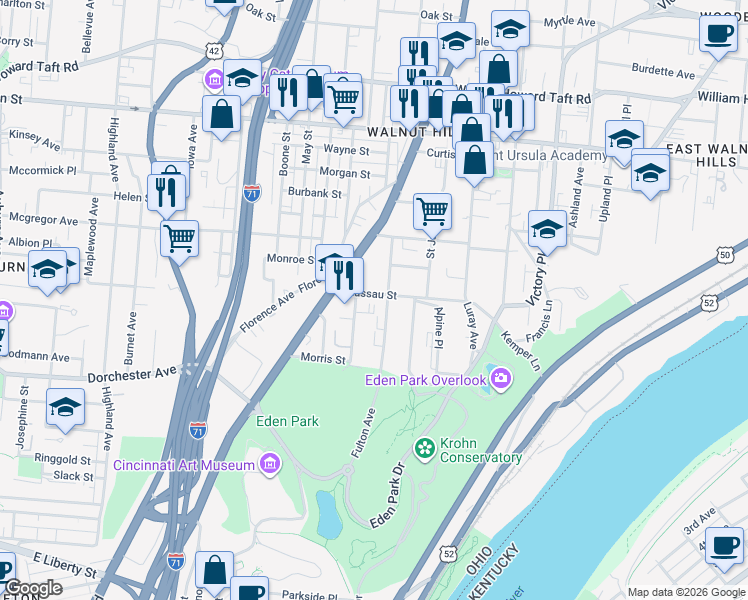 map of restaurants, bars, coffee shops, grocery stores, and more near 2151 Fulton Avenue in Cincinnati