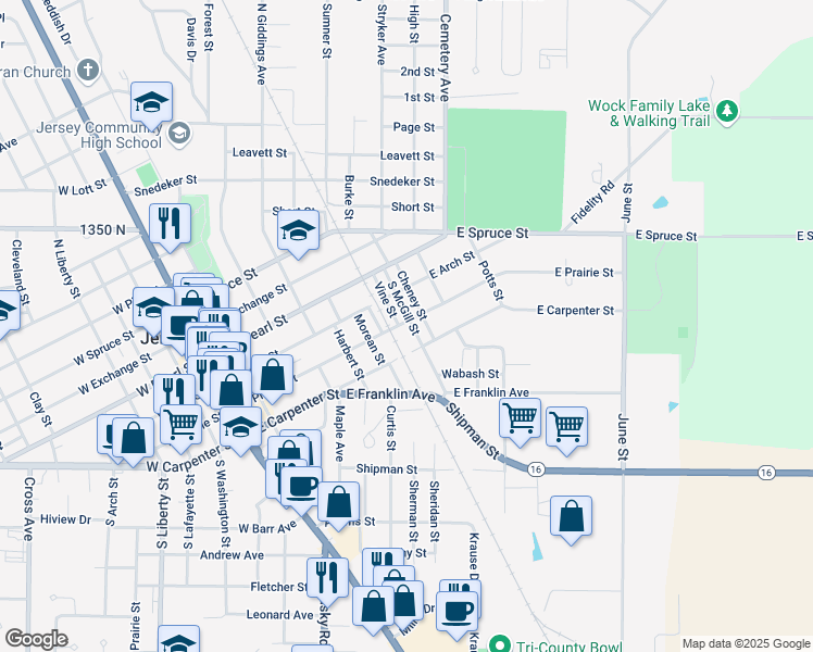 map of restaurants, bars, coffee shops, grocery stores, and more near 300 South McGill Street in Jerseyville