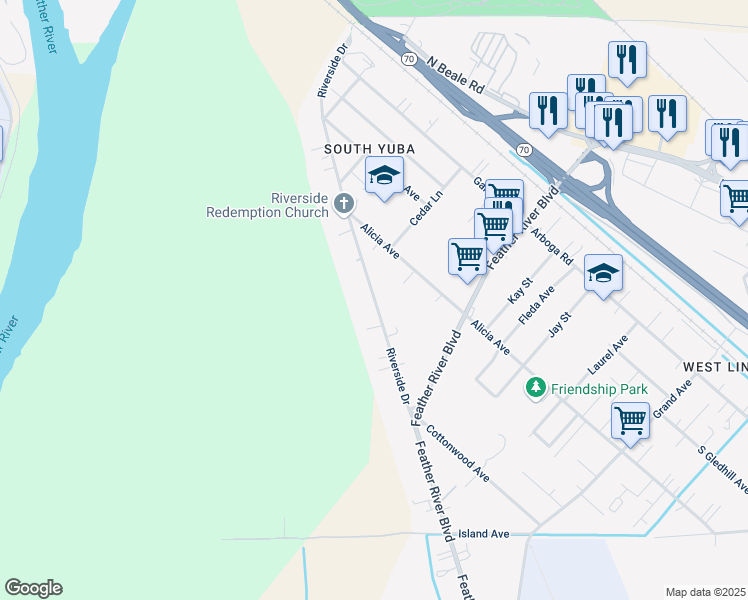 map of restaurants, bars, coffee shops, grocery stores, and more near 5738 Riverside Drive in Olivehurst