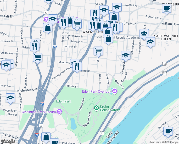 map of restaurants, bars, coffee shops, grocery stores, and more near 2151 Fulton Avenue in Cincinnati