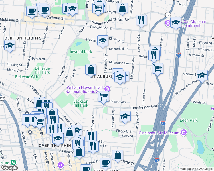 map of restaurants, bars, coffee shops, grocery stores, and more near in Cincinnati