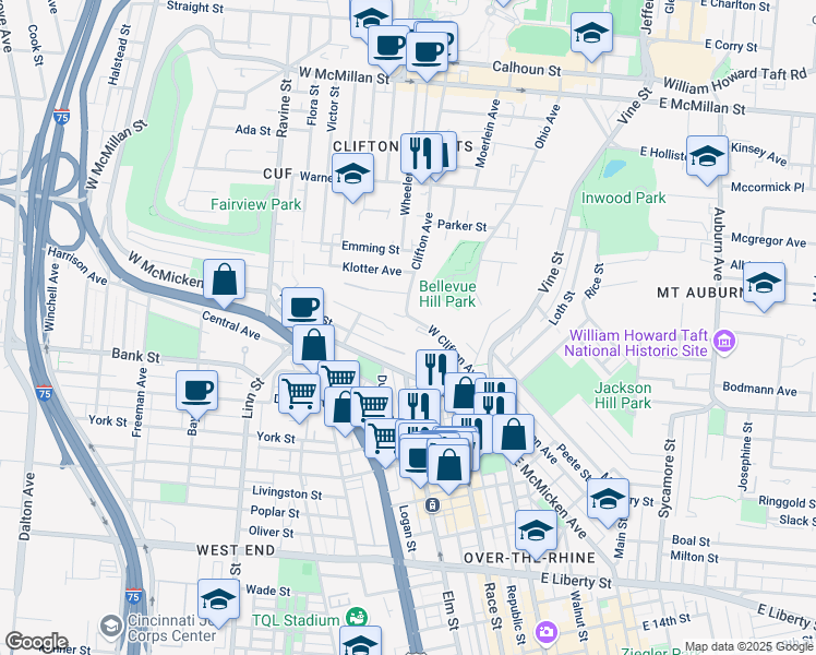 map of restaurants, bars, coffee shops, grocery stores, and more near 200 Renner Street in Cincinnati