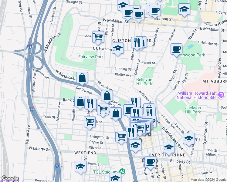 map of restaurants, bars, coffee shops, grocery stores, and more near 264 West McMicken Avenue in Cincinnati