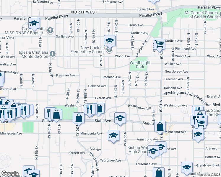 map of restaurants, bars, coffee shops, grocery stores, and more near 1416 North 25 Street in Kansas City