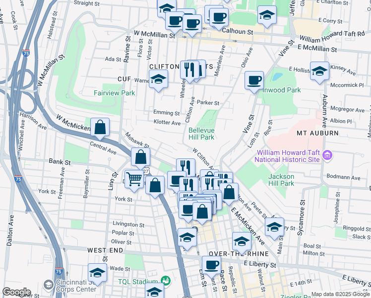 map of restaurants, bars, coffee shops, grocery stores, and more near 2065 West Clifton Avenue in Cincinnati