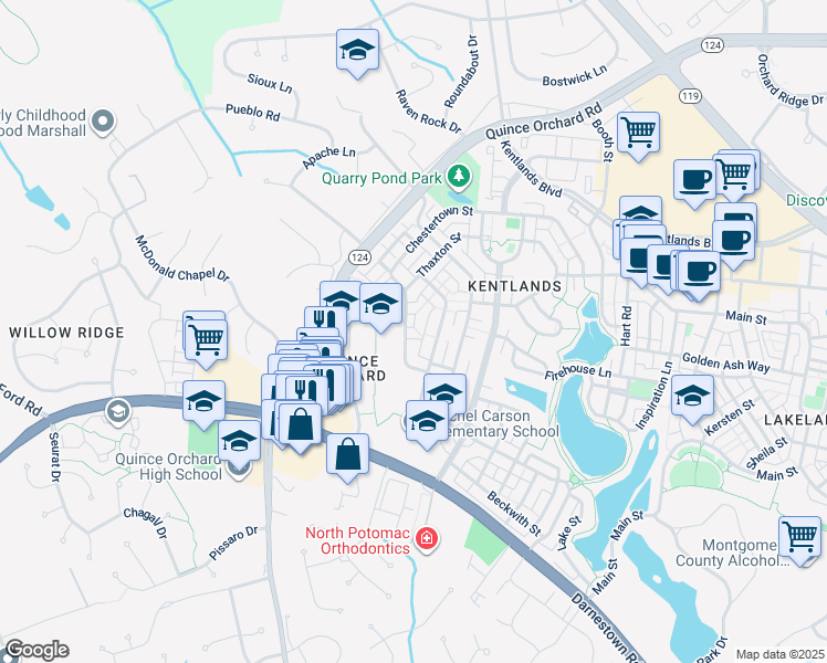 map of restaurants, bars, coffee shops, grocery stores, and more near 219 Chestertown Street in Gaithersburg