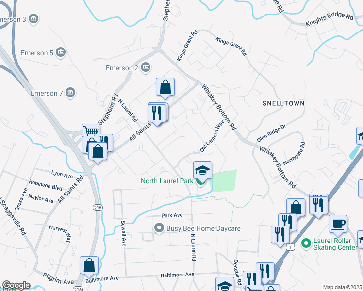 map of restaurants, bars, coffee shops, grocery stores, and more near 9535 Sylvan Still Road in Laurel