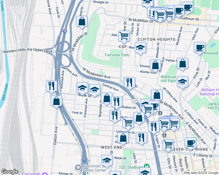 map of restaurants, bars, coffee shops, grocery stores, and more near 1995 Central Avenue in Cincinnati