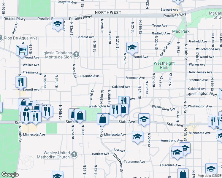 map of restaurants, bars, coffee shops, grocery stores, and more near 1429 North 28th Street in Kansas City