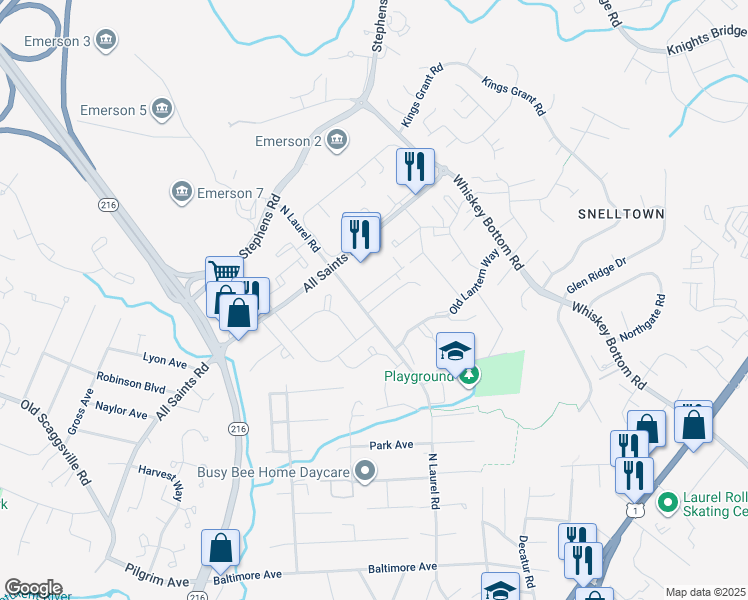 map of restaurants, bars, coffee shops, grocery stores, and more near 9075 North Laurel Road in Laurel