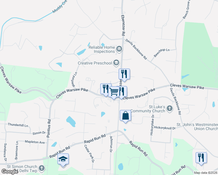 map of restaurants, bars, coffee shops, grocery stores, and more near 6140 Cleves Warsaw Pike in Cincinnati
