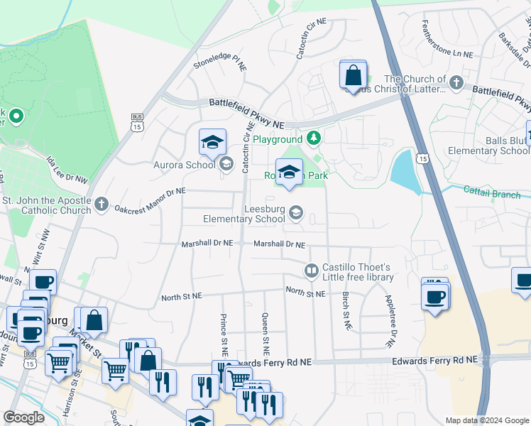 map of restaurants, bars, coffee shops, grocery stores, and more near 306 Barnfield Square in Leesburg