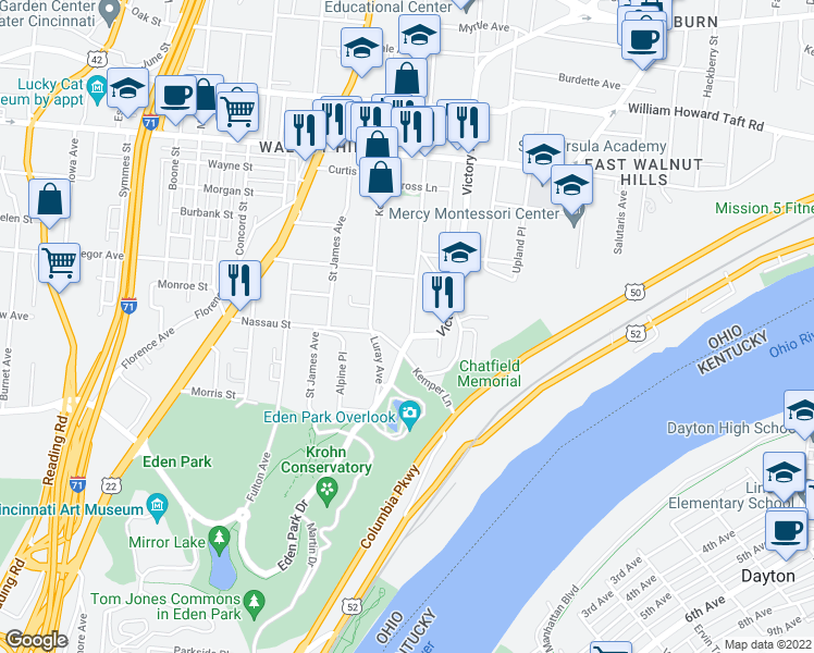 map of restaurants, bars, coffee shops, grocery stores, and more near 2209 Park Avenue in Cincinnati