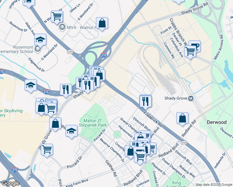 map of restaurants, bars, coffee shops, grocery stores, and more near 16144 Frederick Road in Rockville