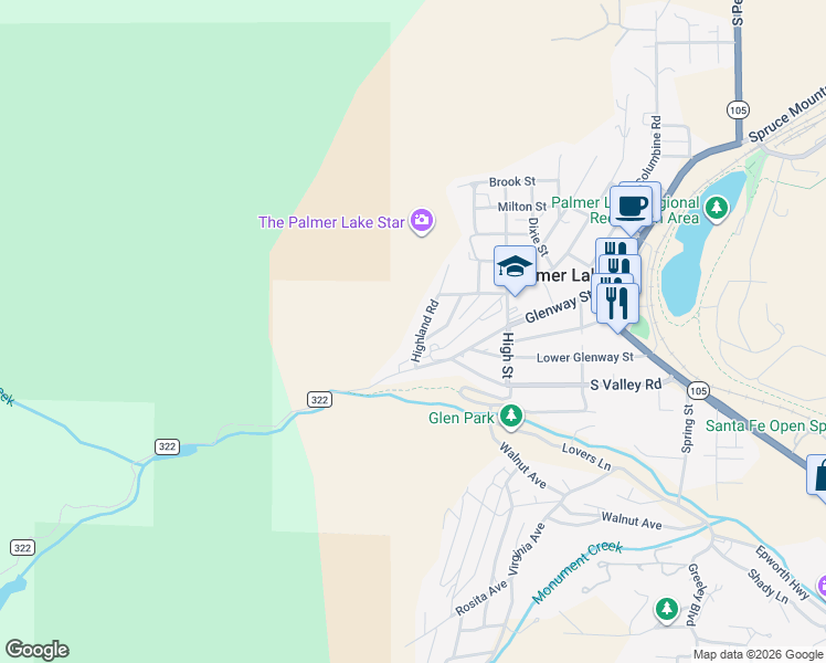 map of restaurants, bars, coffee shops, grocery stores, and more near 34 Highland Road in Palmer Lake