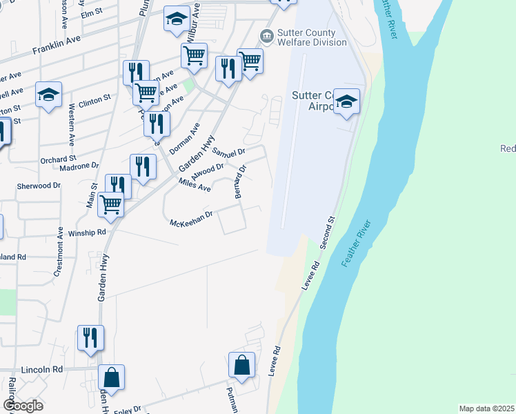 map of restaurants, bars, coffee shops, grocery stores, and more near 470 Bernard Drive in Yuba City