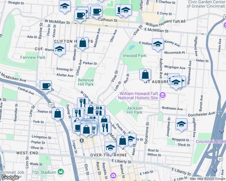 map of restaurants, bars, coffee shops, grocery stores, and more near 2120 Vine Street in Cincinnati