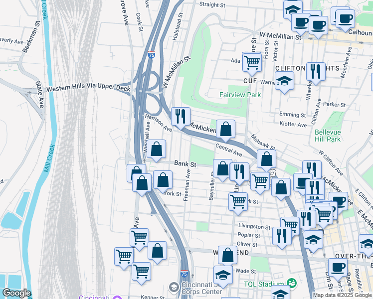 map of restaurants, bars, coffee shops, grocery stores, and more near 2107 Freeman Avenue in Cincinnati