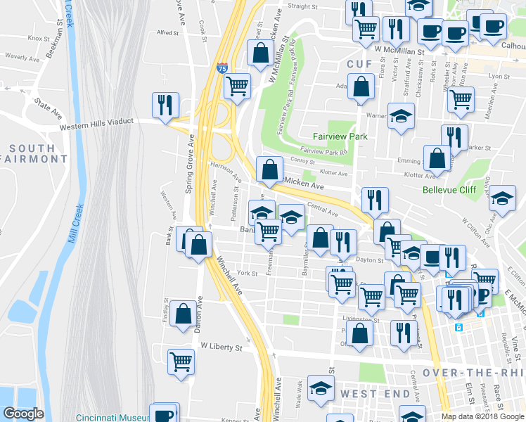 map of restaurants, bars, coffee shops, grocery stores, and more near 2107 Freeman Avenue in Cincinnati