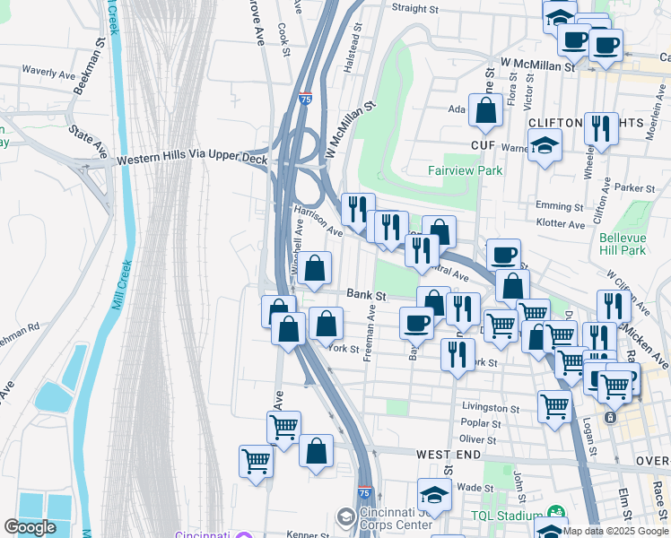map of restaurants, bars, coffee shops, grocery stores, and more near 2108 Colerain Avenue in Cincinnati