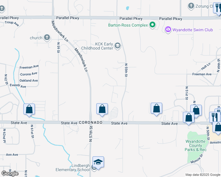 map of restaurants, bars, coffee shops, grocery stores, and more near 1330 North 55th Drive in Kansas City