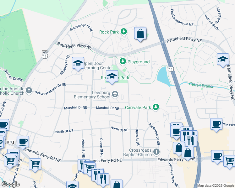 map of restaurants, bars, coffee shops, grocery stores, and more near 323 Plaza Street Northeast in Leesburg