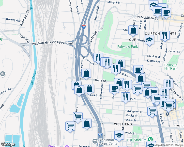 map of restaurants, bars, coffee shops, grocery stores, and more near 2108 Colerain Avenue in Cincinnati