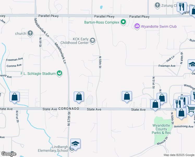 map of restaurants, bars, coffee shops, grocery stores, and more near 1406 North 55th Street in Kansas City