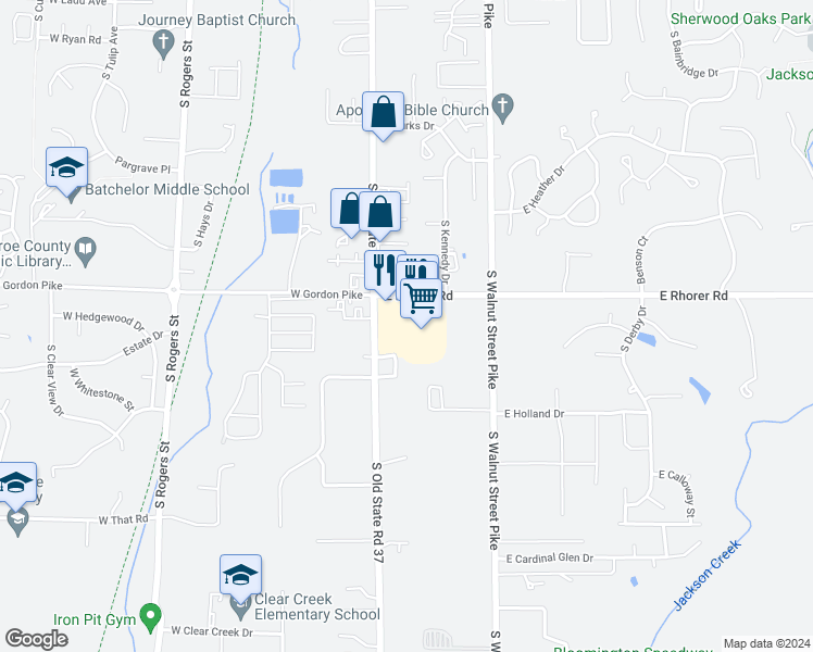 map of restaurants, bars, coffee shops, grocery stores, and more near 4025 South Old State Road 37 in Bloomington