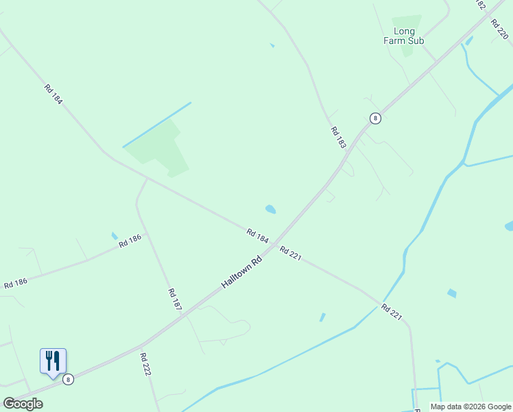 map of restaurants, bars, coffee shops, grocery stores, and more near 94 Road 184 in Hartly