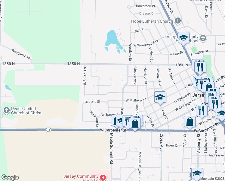 map of restaurants, bars, coffee shops, grocery stores, and more near 1018 West Hickory Street in Jerseyville