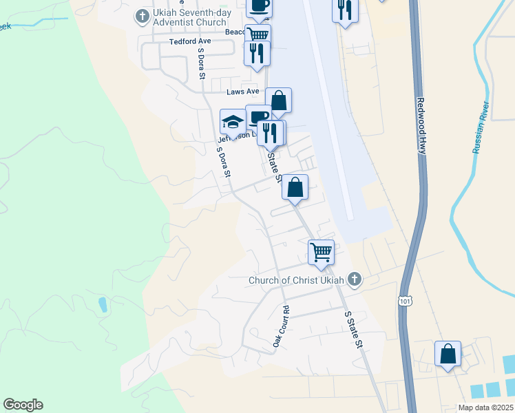 map of restaurants, bars, coffee shops, grocery stores, and more near 2243 South Dora Street in Ukiah