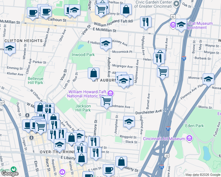 map of restaurants, bars, coffee shops, grocery stores, and more near in Cincinnati