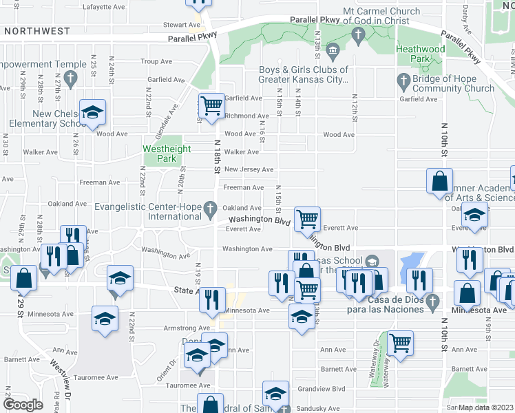 map of restaurants, bars, coffee shops, grocery stores, and more near 1500 North 16 Street in Kansas City