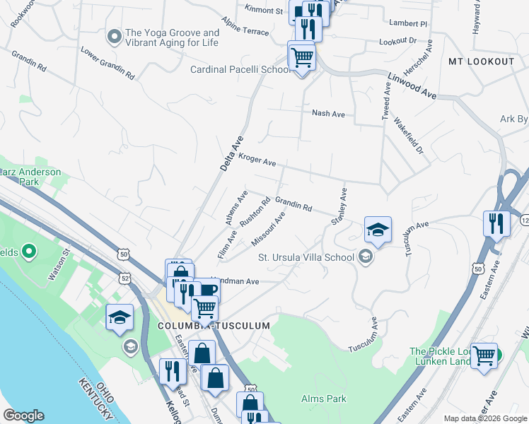 map of restaurants, bars, coffee shops, grocery stores, and more near 634 Rushton Road in Cincinnati