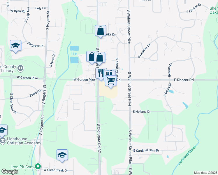 map of restaurants, bars, coffee shops, grocery stores, and more near 4025 South Old State Road 37 in Bloomington
