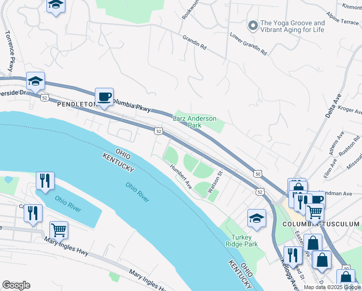 map of restaurants, bars, coffee shops, grocery stores, and more near 2955 Riverside Drive in Cincinnati