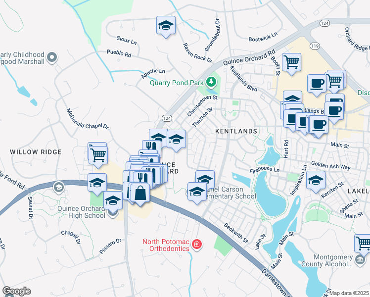 map of restaurants, bars, coffee shops, grocery stores, and more near 222 Chestertown Street in Gaithersburg