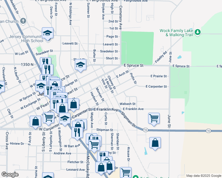 map of restaurants, bars, coffee shops, grocery stores, and more near 300 South McGill Street in Jerseyville
