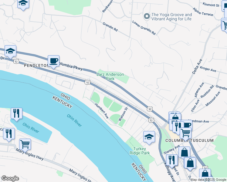 map of restaurants, bars, coffee shops, grocery stores, and more near 3047 Riverside Drive in Cincinnati