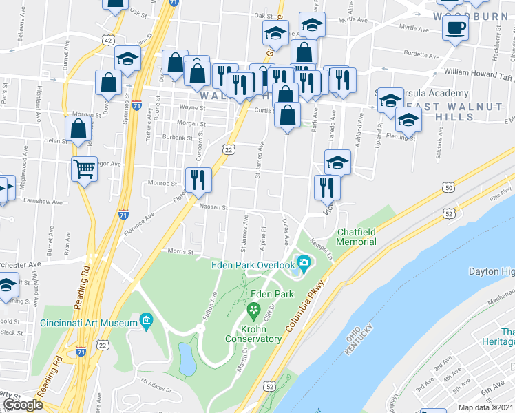 map of restaurants, bars, coffee shops, grocery stores, and more near 2150 Saint James Avenue in Cincinnati
