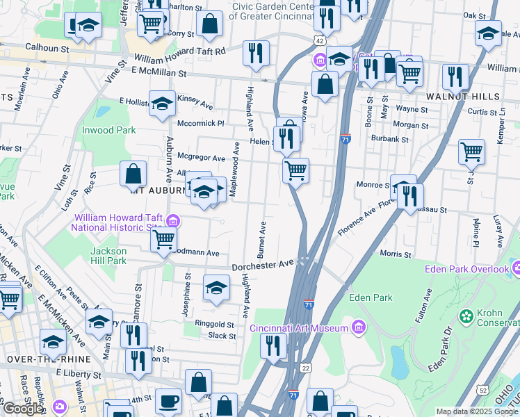 map of restaurants, bars, coffee shops, grocery stores, and more near 2124 Burnet Avenue in Cincinnati