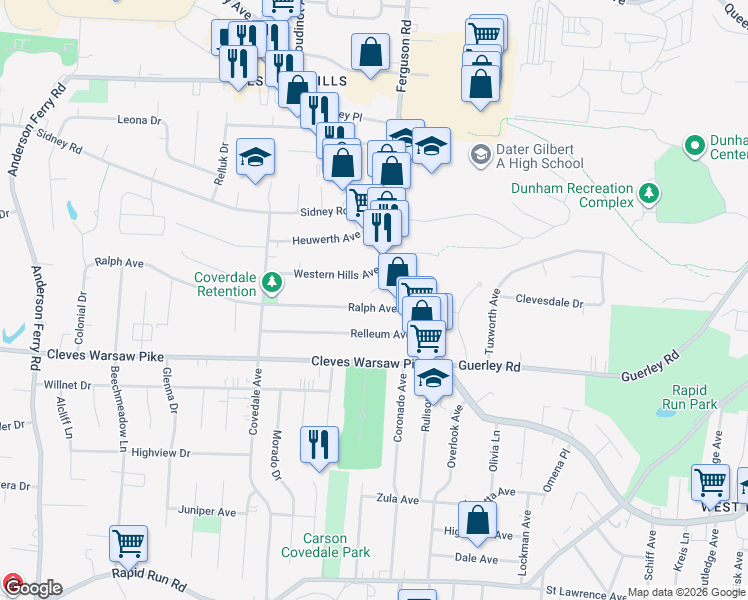 map of restaurants, bars, coffee shops, grocery stores, and more near 4917 Ralph Avenue in Cincinnati