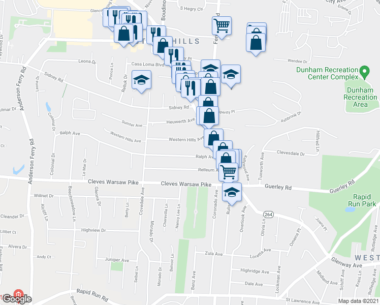 map of restaurants, bars, coffee shops, grocery stores, and more near 4937 Ralph Avenue in Cincinnati