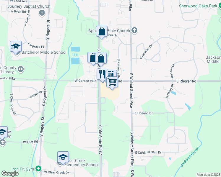 map of restaurants, bars, coffee shops, grocery stores, and more near 4025 South Old State Road 37 in Bloomington