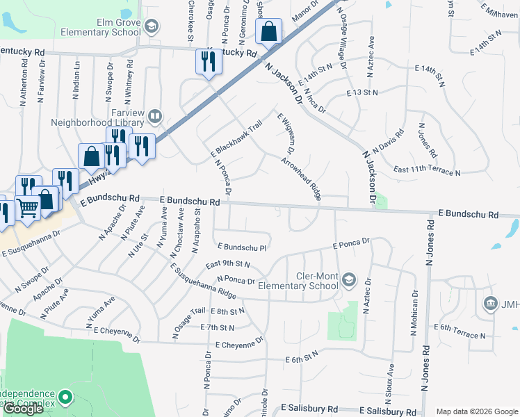 map of restaurants, bars, coffee shops, grocery stores, and more near 913 North Seminole Court in Independence