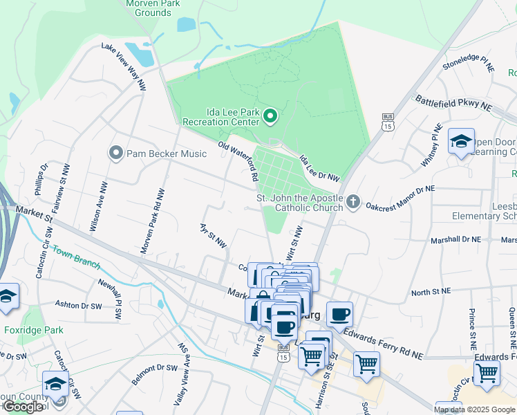map of restaurants, bars, coffee shops, grocery stores, and more near 239 Old Waterford Road Northwest in Leesburg
