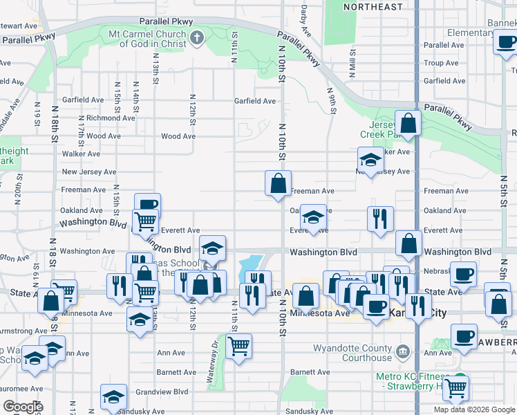 map of restaurants, bars, coffee shops, grocery stores, and more near 1025 Oakland Avenue in Kansas City